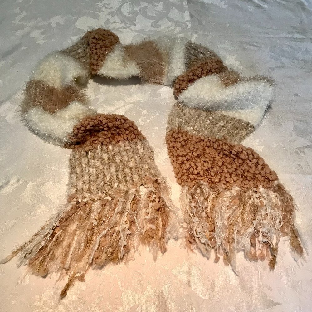 Fluffy scarf with Fringe, Beige, camel, cream colors. Warm, cozy, comfy!